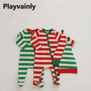 Zestawy odzieży Nowa wiosenna jesień dziewczynka Baby Boy Choin Colekel Zestaw Stripe O-Neck Single Breasteed Rompers+Elf Hat Nowonarodzone ubrania H240507