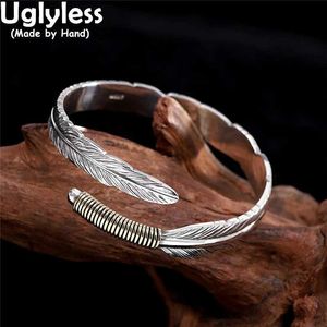 Bangle Uglyless Unisex Design Mens Heavy Silver Feather Bracelet Genuine 999 Pure Leaf Exotic Fashion Jewelry Q240506