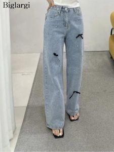 Women's Jeans High Waist Spring Summer Straight Pant Women Diamond Bow Fashion Casual Loose Ladies Trousers Korean Style Woman Pants