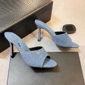 Sexig högklackade skor Sandaler Fashion Luxury Men Canvas Party Dress Shoe Girl Outdoors Indoor Denim Heels Summer Sunny Top Quality Dance Black Women Designer Slippers