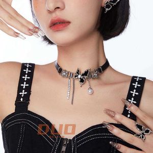 Collana di farfalla nera in argento sterling hip hop y2k collabone cottore collare cinghia femminile cinghia