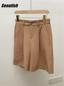 Frauen Shorts Seoulish Sommer 2024 Frauen lässig halbe Hosen High Taille Chic Wide Leg Pant Elegantes Büro Lose Hosen Tasche Khaki