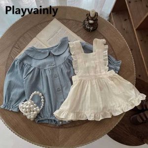 Clothing Sets New Spring Autumn Baby Girl Sweet Set Peter Pan Collar Blue Plaid Shirt Beige Ruffle Strap Dress Fashion Newborn Clothes H240507