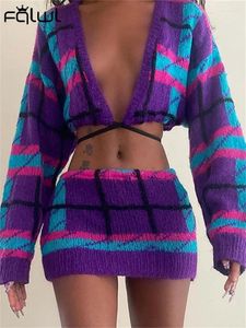 Work Dresses Habbris Fall Winter Purple Plaid Graphic Knit Two Piece Skirt Set Causal Outfits For Women 2024 Sexy Backless Lace-up Sets