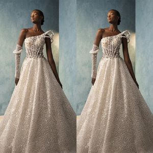 Luxury A Line Wedding Dresses for Women Sexy One Shoulder Boho Bridal Gowns Beads Appliques Lace-up Back Sweep Train Robe de Mariage