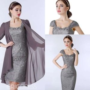 Cheap Sheath Mother Of The Bride Dresses With Jacket Square Short Sleeve Wedding Guest Dress Lace Applique Knee Length Evening Gown 0431