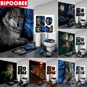 Curtains Lonely Proud Leopard Wolf 3D Printed Shower Curtains Bathroom Curtain Set Toilet Lid Cover Blue Rose Bath Mat Pedestal Rugs