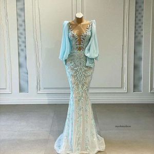 Mermaid Prom Princess Long Sleeves Deep V Neck Appliques 3D Lace Sequins Evening Dresses Fashion Floor Length Party Gowns Plus Size Custom Made 0431