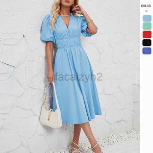 Designer Dress Summer Deep V-neck Bubble Short Sleeve Dress High Waist Flowing A-line Mid length Dress Plus size Dresses