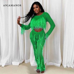 Women's Jumpsuits Rompers ANJAMANOR Feather Tassel Crochet Long Slve Jumpsuit S Through Going Out Outfits Hollow Fishnet One Piece Jumpsuit D48-GB35 T240507