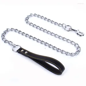 Dog Collars Metal Chain Heavy Duty Leash Chew Proof With Soft Leather Handle For Medium Large Dogs Walking Training Traveling