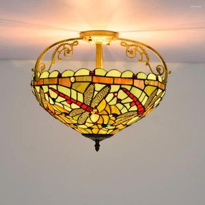 Ceiling Lights Green Bottom Dragonfly Creative Lamp Tiffany 40CM 16 Inches Retro Stained Glass Bedroom Corridor Led