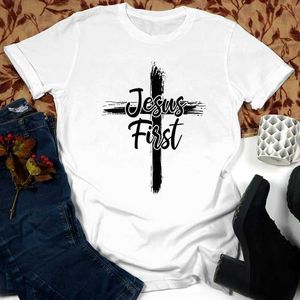 Kvinnors t-shirt korsa Jesus första 100% bomullst-shirt katolska kristna bibel topp tee skjorta kvinnor religiös kristen tro tshirt d240507