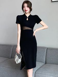 Vestidos de festa 2024 Black Chic Hollow Out Sexy Slit Dress Long Women Women Women Korean Vintage Hepburn Summer Summer Elegante Bodycon Prom