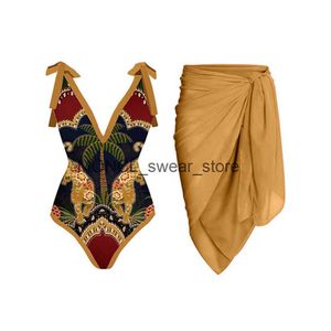 Women's Swimwear V-Neck Vintage Animal Print One-Piece Swimsuit Set Holiday Beach Dress Designer Bathing Suit Summer Surf Wear H240507