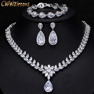 Elegant Women Wedding Jewellery African CZ Crystal Leaf Drop Bridal Necklace Bracelet and Earrings Jewelry Sets T294 2107141982192