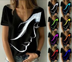Kadın T-Shirt Yaz Kadın T-Shirt S-3XL Moda Kısa SLE V YEŞİ BÜYÜK Soyut Portre Boyalı T-Shirt Sıradan Gevşek Fe Street Style D240507