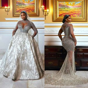 Wedding Ball Shining Gown Hollow Dresses O-Neck Beads Sequins Lace Sleeves Crystals Detachable Sweep Train Custom Made Bridal Plus Size Vestidos De Novia