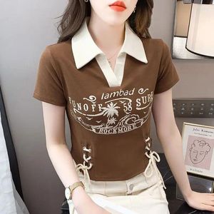 Kvinnors polos kläder Polo nackskjorta Kort ärm Tee Brown Printing Top T Shirts Black Crop Cotton Luxury Polyester Youth V Trend