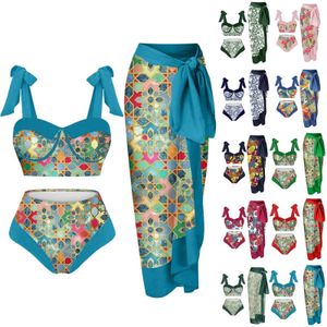 Costumi da bagno femminile da donna con controllo da bagno di nuoto vintage colorblock astratto stampato floreale set bikini a 2 pezzi +1 pezzi coprire da bagno da 2 pezzi T240507