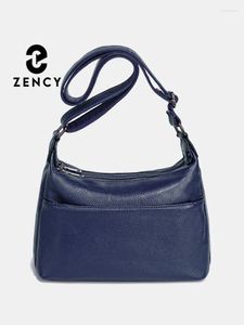 Drawstring Zency äkta läderkvinnor axelväska högkvalitativ elegant dam crossbody väskor mörkblå messenger fyra zip -fickor