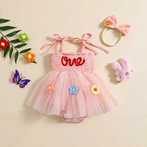 Rompers Infant Baby Clothing Girl Birthday Jumpsuit For Newborn Letter Embroidery Mesh Tulle Sleeveless and Headband Set H240507