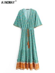 Dresses Vintage Chic Fashion Women Floral Print Vneck Rayon Cotton Bohemian Maxi Dresses Ladies V Neck Tassel Summer Beach Boho Dress