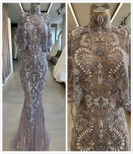 2019 Aso Ebi Arabiska sexiga lyxiga sjöjungfru aftonklänningar Lace Pearls Prom Dresses High Neck Formal Party Second Reception Gowns 3535334