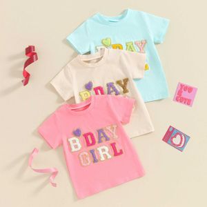 Tシャツキッズ服の女の子の誕生日トップカジュアルファーリーレターハートハート刺繍半袖ラウンドネックTシャツ幼児ティーH240507