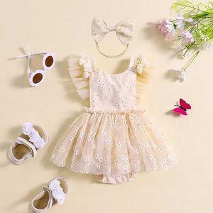 Rompers Ubranie dla niemowląt Dziewczyny Flower Print Baby Summer Noworodka Tiulowy Tiul A-Line Princess Bodysuit Sukienki 0-18m H240507