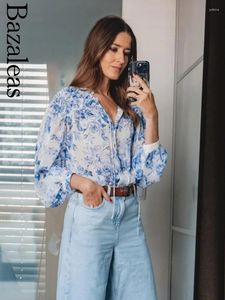 Women's Blouses Elegant Casual Single Breasted Blouse Ruffled Blue Floral Print Shirts Official Store Long Sleeve Lace Up Top