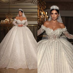 Luxurious Off The Shoulder Ball Gown Wedding Dresses Sexy Long Sleeve Beading Pearls Bridal Gowns Glitter Sequins Vestido de novia