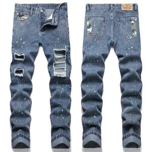 Ans Luxo Vintag Hole arruinou calças compridas quebradas Jeans Point Painted calça de jeans Men Boy Camuflage Troushers Men J240507