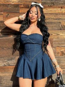 Casual Dresses Summer Strapless A-line Imitation Denim Dress Y2K Streetwear Woman Sexy Sleeveless High Waist Backless Corset Pleated