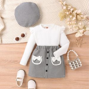 Set di abbigliamento da 4-7y set di ragazze set autunno inverno a colori solidi a maniche lunghe che controllano cappello con gonna corta 3 pezzi abiti per bambini