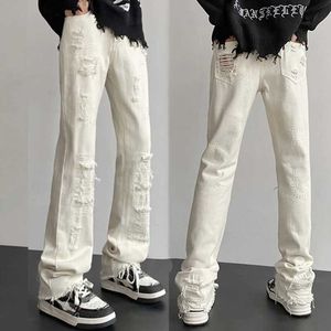 Джинсы en плюс размер M-5xl Джинсовые джинсы Men Hole Белый цвет High Street Pants Vibe Straight Loose All-Match Bonders J240507