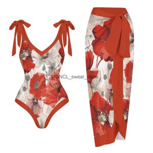 Menas de banho feminina Tuone de banho One Piece Siwmsuit Red Flor Print Holiday Beachwear Designer Terno de banho Summer Surf Wear H240507