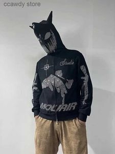 Herrtröjor tröjor hiphop män y2k mode hoodie rhinestones grafik tryck zip kläder goth long seve sweatshirt topp h240507