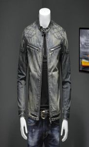 Men039s Blue Denim Vintage Classic Biker Motelcycle Jacket Stand Collar Retro Slim Fit Distrawer Racer Jeans Coat Drop Shippin1131784262