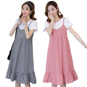 Women's Short Sleeve Maternity Dresses Pregnancy Clothes Loose Long Korean Plaid Dress for Pregnant Women