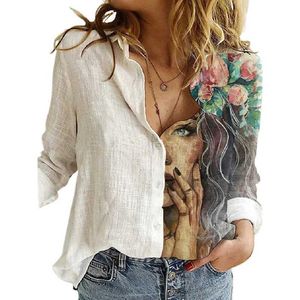 Blouses feminina camisas de moda costura retro estampa de face longa Blusa de les