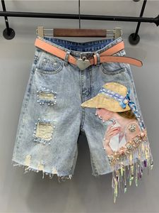 Summer Womens Jeans Korean Fashion Hole Ripped Beading Vintage Printed Knee Length Denim Pants Y2K High Street 240506