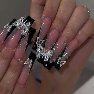 거짓 손톱 24pcs Long Ballet False Nails 나비 간단한 모조 다이아몬드 프랑스 디자인 웨어러블 가짜 못 반짝이는 손톱 팁 아트 T240507