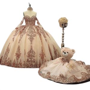 Sparkly Rose Gold Sequin Quinceanera klänning 2024 med flare ärmar Princess Askepott Sweet 16 år klänning Vestidos de 15 anos korsett snörning upp femton födelsedagsklänning