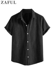 Herrklänningskjortor zaful randig skjorta för män bomull korta sles knapp blusar avslappnad vridning krage skjorta sommar streetwear överskjortor toppar d240507