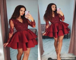 Burgundy Short Homecoming Dresses With Illusion Long Sleeve 2021 Appliques Lace Beaded A Line Modern Cheap Mini Prom Cocktail Part1328746
