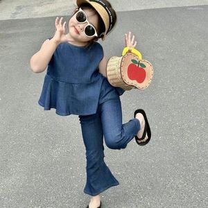 Kleidungssets Sommerbaby und Mädchen Baumwolle einfache einreihige Jeanshemdtife Schlanke Fit ausgestattet Pant Kinder 2pcs Anzüge Kinder-Outfit 2-8yr