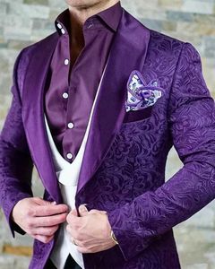 Men's Suits Blazers Elegant mens clothing 2024 Italian design custom purple jacquard smoking tailcoat jacket 3-piece grooms wedding set Q240507