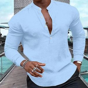Camisas casuais masculinas camisa de moda henry cor sólida com meia botão aberta stand colar street muscular tops confortáveis 2024