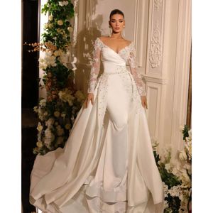 Suknie ślubne syreny rękawy eleganckie w szyku w szyku w kapitaliści Perły Perły Odłączona suknia sądowa na zamówienie Plus rozmiar vestidos de novia